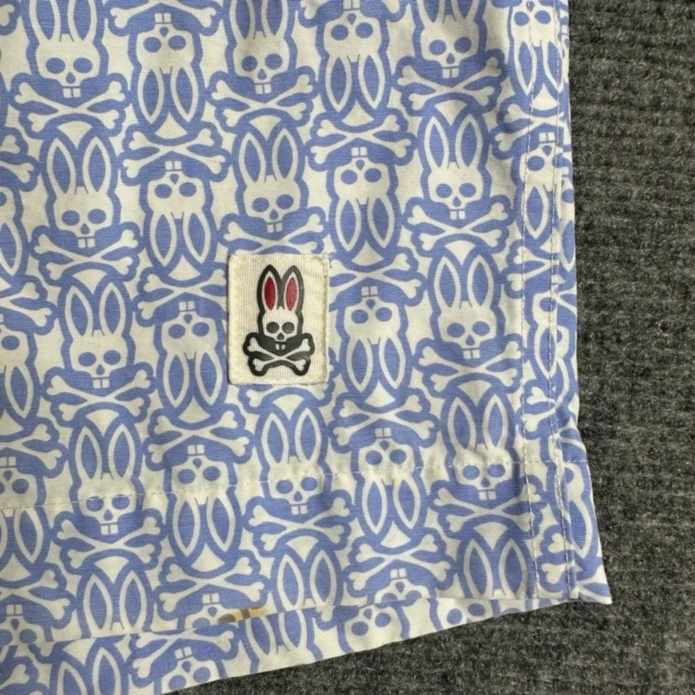 Psycho Bunny Mens 2XL Blue White Logo Print Swim Trunks Board Shorts Mesh Lined